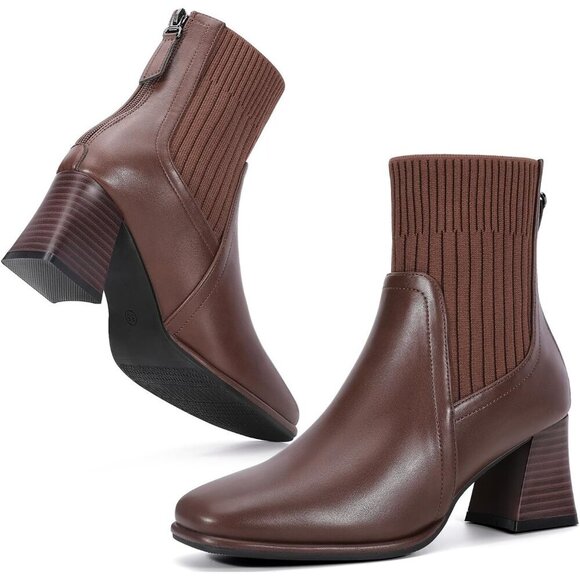 Shoes - Women's Brown Square Toe Ankle Boots Low Block Heel Chelsea Boots Back Zipper